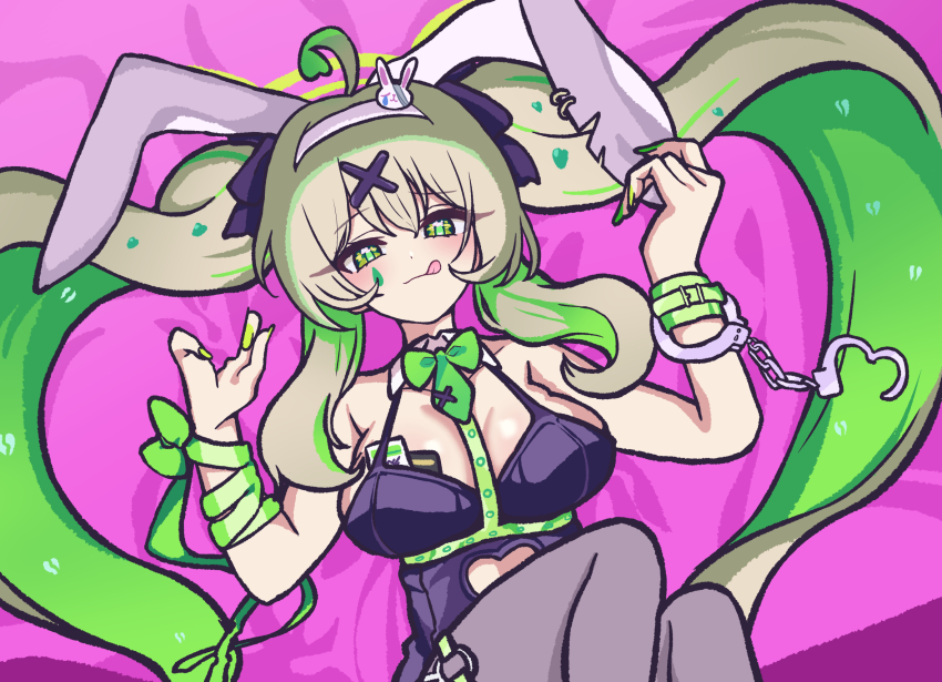 1girl ahoge animal_ears blonde_hair blue_archive breasts colored_inner_hair cuffs green_eyes green_hair handcuffs highres large_breasts leotard long_hair multicolored_hair nail_polish nonomi_(blue_archive) panatisia parody playboy_bunny rabbit_ears rabbit_hole_(vocaloid) tongue tongue_out twintails very_long_hair