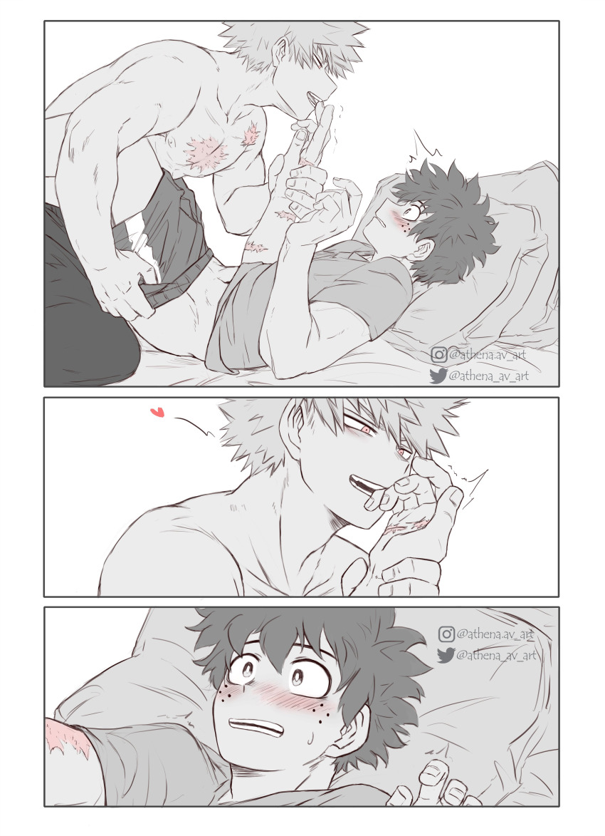 2boys 3koma abs absurdres athena_av bakudeku bakugou_katsuki bed biting blush boku_no_hero_academia bones_(company) comic curly_hair freckles highres implied_sex legs male_underwear male_underwear_pull midoriya_izuku multiple_boys muscular no_shirt on_bed pillow scar scar_on_arm scar_on_chest scar_on_face scar_on_hand shirt shorts shounen_jump spiked_hair sweat sweatdrop underwear yaoi