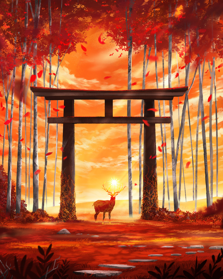 animal antlers autumn autumn_leaves branch cloud commentary dawn deer deer_antlers english_commentary glowing highres horizon horns kloir landscape leaf nature orange_sky original painterly plant red_grass red_leaf scenery sky spirit stepping_stones sun sunlight torii tree vines yellow_sky