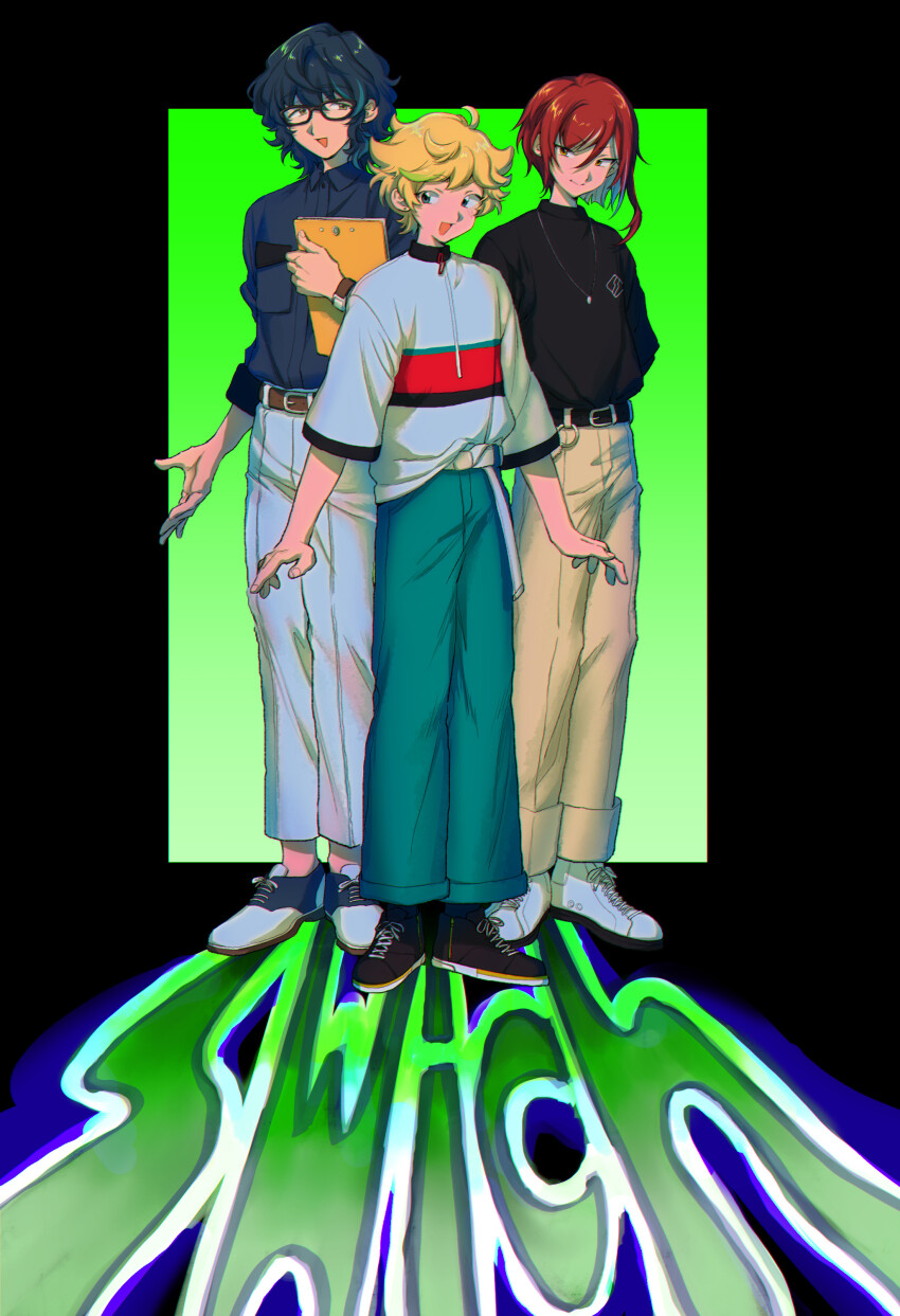 0000972 3boys :d absurdres aoba_tsumugi aqua_pants arms_at_sides arms_behind_back belt belt_buckle black_belt black_border black_footwear border breast_pocket brown_belt buckle capri_pants chromatic_aberration clipboard closed_mouth collared_shirt ensemble_stars! full_body gradient_background green_background group_name harukawa_sora highres holding holding_clipboard jewelry loose_belt male_focus multiple_boys necklace open_hand open_hands open_mouth outside_border pants pocket sakasaki_natsume shirt shirt_partially_tucked_in shoes three-quarter_sleeves smile sneakers split_mouth standing switch_(ensemble_stars!) turtleneck white_belt white_footwear white_pants wide_shot yellow_pants