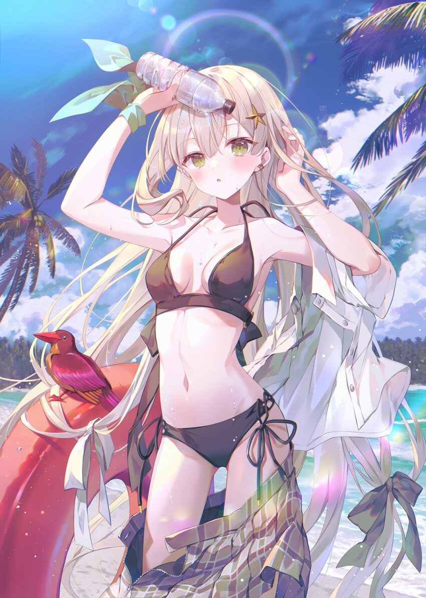 1girl arm_up beach bikini bikini_under_clothes bird black_bikini blonde_hair blush bottle breasts green_eyes hair_ornament hairclip highres holding holding_bottle ibara_riato innertube long_hair looking_at_viewer medium_breasts navel ocean original outdoors palm_tree plaid_clothes plaid_skirt pleated_skirt shirt side-tie_bikini_bottom skirt small_breasts solo stomach swim_ring swimsuit tree undressing white_shirt wrist_bow