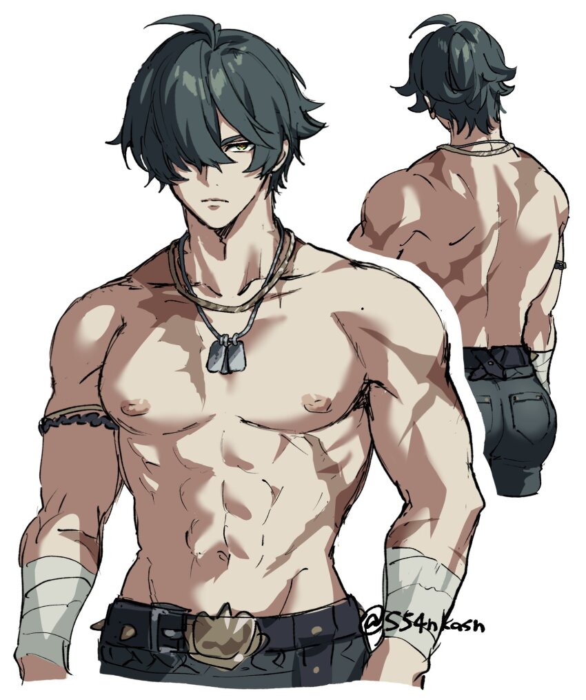 1boy abs ahoge artist_name back bandaged_arm bandages belt black_belt blue_pants closed_mouth collarbone commentary_request dog_tags facing_away from_behind frown green_eyes green_hair hair_over_one_eye highres jewelry lighter_(zenless_zone_zero) looking_at_viewer male_focus multiple_views navel necklace nipples one_eye_covered pants parted_bangs pectorals red_pupils s54nkasn scar scar_on_arm scar_on_back scar_on_chest scar_on_neck serious short_hair simple_background spiked_belt spikes stomach topless_male twitter_username white_background zenless_zone_zero