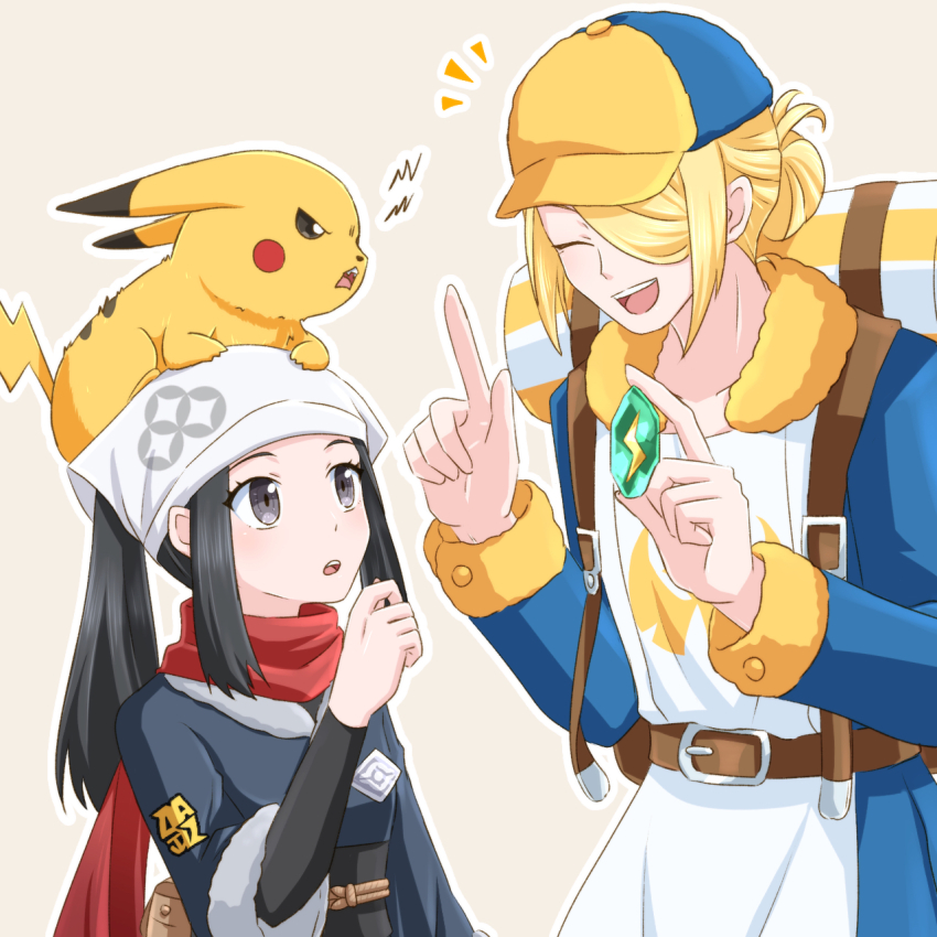 1boy 1girl akari_(pokemon) backpack bag black_eyes black_hair blonde_hair closed_eyes commentary_request evolution_stone evolutionary_stone game_freak gen_1_pokemon glaring grey_eyes hair_over_one_eye hat headscarf height_difference highres hinotogi holding nintendo on_head one_eye_covered pikachu pokemon pokemon_(creature) pokemon_legends:_arceus red_scarf scarf short_hair sidelocks simple_background thunder_stone upper_body volo_(pokemon) white_headscarf