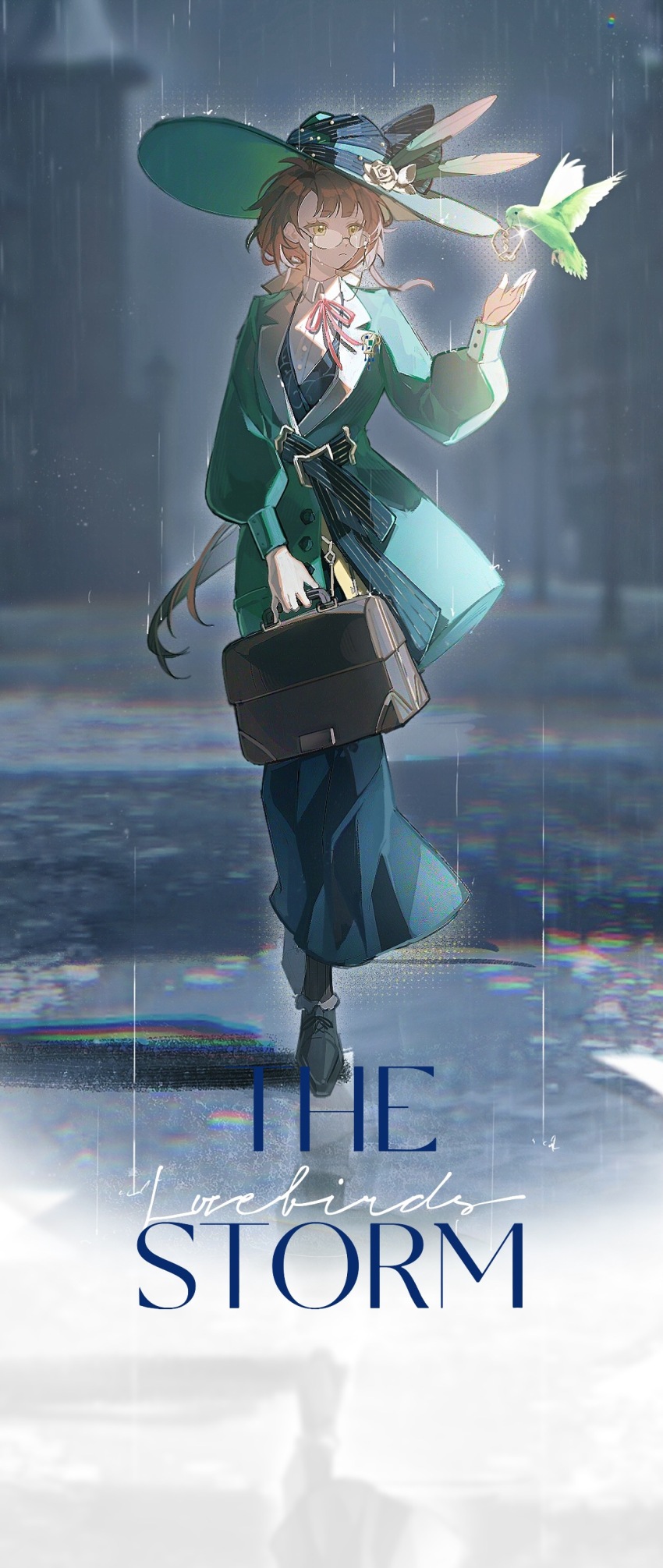 1girl absurdres bag bird black_footwear black_skirt bloom brown_bag brown_hair building collared_shirt english_text eyewear_strap feathers flower full_body glasses green_bird green_eyes green_feathers green_hat green_jacket hand_up hat hat_feather hat_flower highres hofmann_knot holding holding_bag jacket kakania_(reverse:1999) long_hair long_skirt long_sleeves looking_at_animal looking_to_the_side low_ponytail neck_ribbon outdoors picture_hat ponytail puffy_long_sleeves puffy_sleeves rain red_ribbon reverse:1999 ribbon road round_eyewear shirt skirt solo street very_long_hair walking white_shirt yellow_flower zhuxu