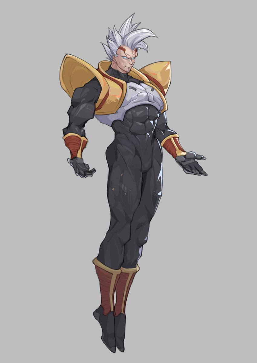 1boy abs absurdres armor baby_(dragon_ball) black_bodysuit blue_eyes bodysuit dragon_ball dragon_ball_gt facial_mark frown full_body grey_background highres male_focus muscular muscular_male namko saiyan_armor simple_background spiked_hair white_hair