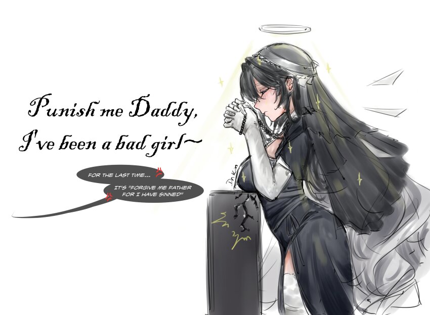 1girl absurdres anger_vein arknights black_dress blush breasts closed_eyes closed_mouth crack detached_wings dr.kim dress elbow_gloves energy_wings english_text from_side gloves halo highres holding large_breasts nun own_hands_clasped own_hands_together pelvic_curtain praying_sankta_nun_(arknights) simple_background solo sparkle speech_bubble spoken_anger_vein thighhighs veil white_background white_gloves white_thighhighs wings