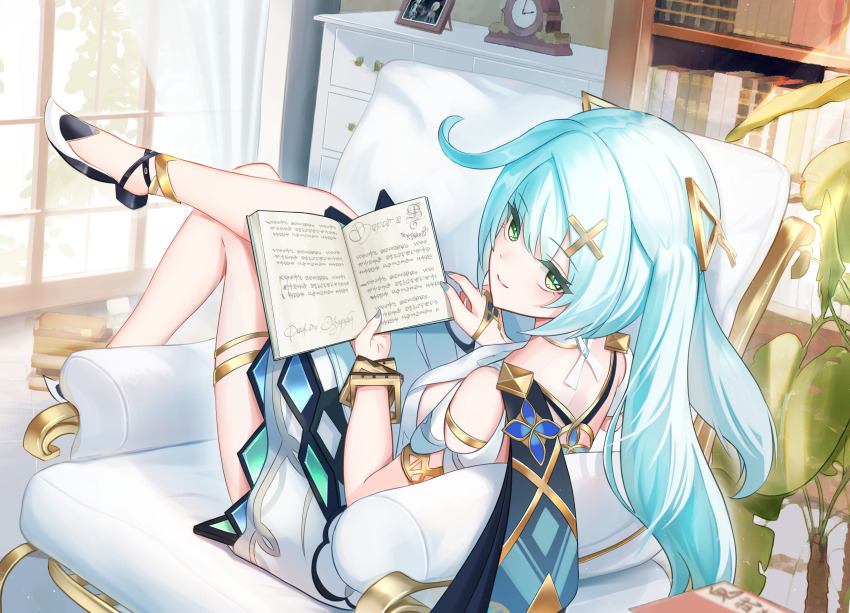 1girl absurdres aqua_hair aqua_nails book bookshelf closed_mouth clothing_cutout couch dress ewaaawa faruzan_(genshin_impact) genshin_impact gold_thighlet green_eyes hair_ornament highres holding holding_book indoors long_hair looking_at_viewer on_couch open_book shoes short_sleeves shoulder_cutout smile solo symbol-shaped_pupils triangle-shaped_pupils triangle_hair_ornament twintails white_dress white_shoes