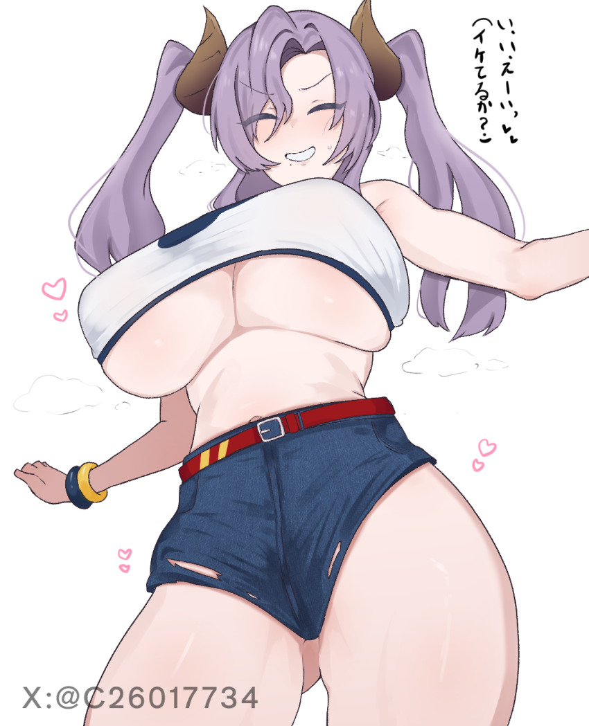 1girl alternate_costume belt blush breasts brown_horns closed_eyes commentary_request cowboy_shot crop_top demon_girl demon_horns denim denim_shorts grin highres horns huge_breasts long_hair midriff mole mole_under_mouth nanashi_inc. navel oc_(old-c) parted_bangs purple_hair red_belt saionji_mary short_shorts shorts simple_background smile solo translation_request twintails underboob v-shaped_eyebrows virtual_youtuber white_background