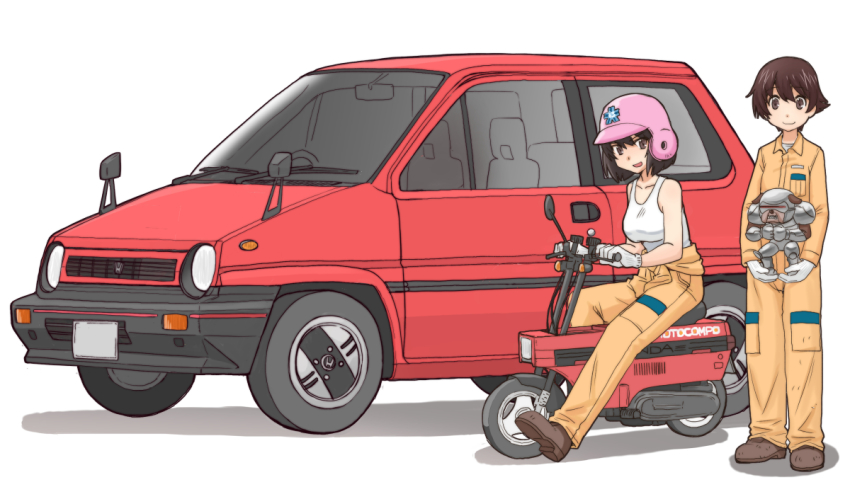 2girls alternate_eye_color alternate_skin_color baseball_helmet black_footwear brown_eyes brown_hair bulldog closed_mouth clothes_around_waist commentary_request emblem girls_und_panzer gloves helmet honda honda_city honda_motocompo hoshino_(girls_und_panzer) jumpsuit long_sleeves looking_at_viewer mechanic minibike motor_vehicle motorcycle multiple_girls nakajima_(girls_und_panzer) noped ooarai_(emblem) open_mouth orange_jumpsuit pink_headwear revision riding robot scooter shadow shirt shoes short_hair simple_background sitting smile standing tank_top uniform uona_telepin white_background white_gloves white_shirt