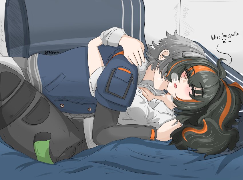 1boy 1girl absurdres black_hair breasts cleavage collared_shirt english_text falihfadh75 grey_hair high-waist_pants highres multicolored_hair orange_hair orange_streaks pants ponytail shirt streaked_hair wise_(zenless_zone_zero) zenless_zone_zero zhu_yuan