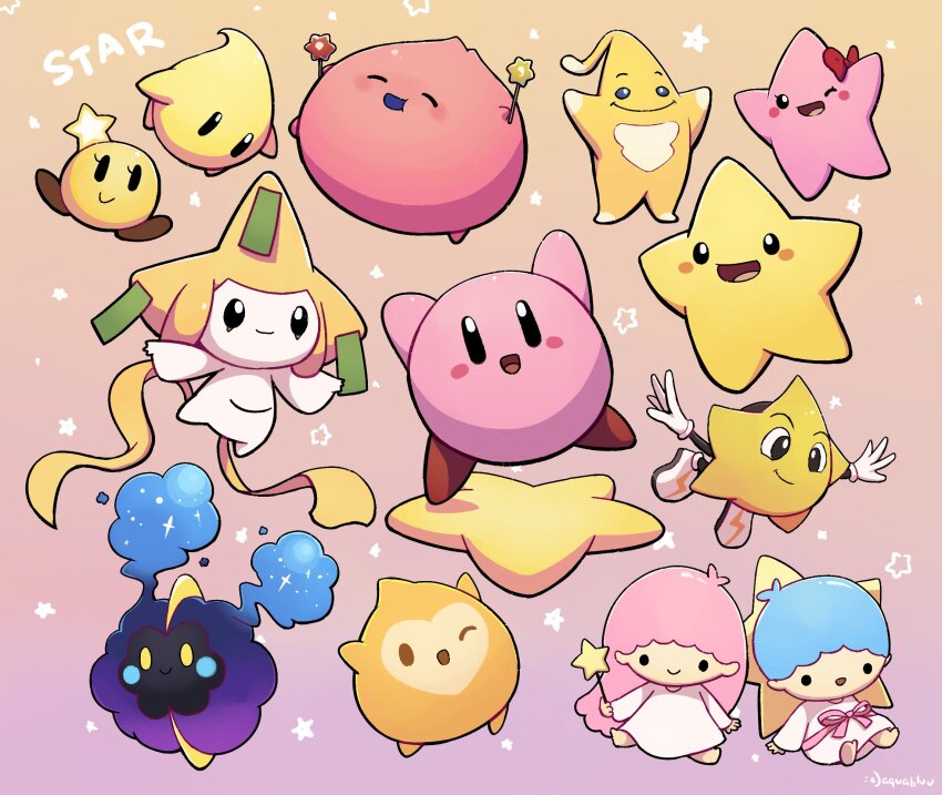 1boy 1girl :d ;d ^_^ annotated aquabluu arms_up black_eyes blue_hair blush blush_stickers bow brother_and_sister closed_eyes closed_mouth commentary cosmog densetsu_no_stafy english_commentary eyelashes gen_3_pokemon gen_7_pokemon gradient_background highres holding holding_wand hungry_luma_(super_mario_galaxy) jirachi kiki_(little_twin_stars) kirby kirby_(series) lala_(little_twin_stars) legendary_pokemon lilo_&amp;_stitch little_twin_stars long_hair long_sleeves looking_at_viewer luma_(mario) mario_&amp;_luigi_rpg mario_(series) mythical_pokemon nintendo one_eye_closed open_mouth pink_hair pokemon pokemon_(creature) red_bow ristar ristar_the_shooting_star robe sanrio shoes short_hair siblings simple_background smile smirk solid_circle_eyes star_(symbol) star_(wish_(disney)) star_bit star_wand starfy starlow starly_(starfy) super_mario_galaxy topper_(lilo_&amp;_stitch) twins wand warp_star white_footwear white_robe wish_(disney) yellow_eyes