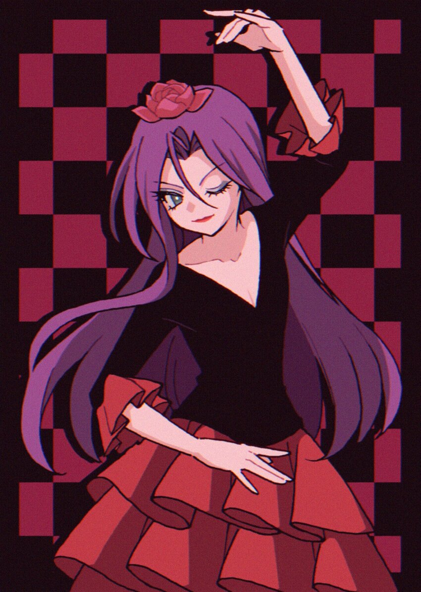 1boy crossdressing flamenco flamenco_dress flower green_eyes hair_ornament highres james_(pokemon) lipstick macchiromomomo makeup nintendo one_eye_closed pokemon pokemon_(anime) pokemon_(classic_anime) purple_hair team_rocket trap