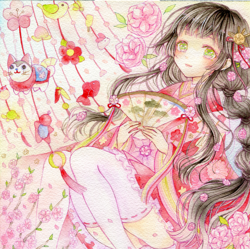 1girl amu_(m_aa) black_hair closed_mouth commentary_request feet_out_of_frame flower folding_fan frilled_kimono frills green_eyes hair_flower hair_ornament hand_fan highres holding holding_fan japanese_clothes kimono layered_kimono long_hair long_sleeves multi-tied_hair original painting_(medium) panties pantyshot pink_flower pink_kimono pink_panties ribbon-trimmed_thighhighs ribbon_trim sidelocks sitting smile solo thighhighs traditional_media underwear very_long_hair watercolor_(medium) white_thighhighs wide_sleeves