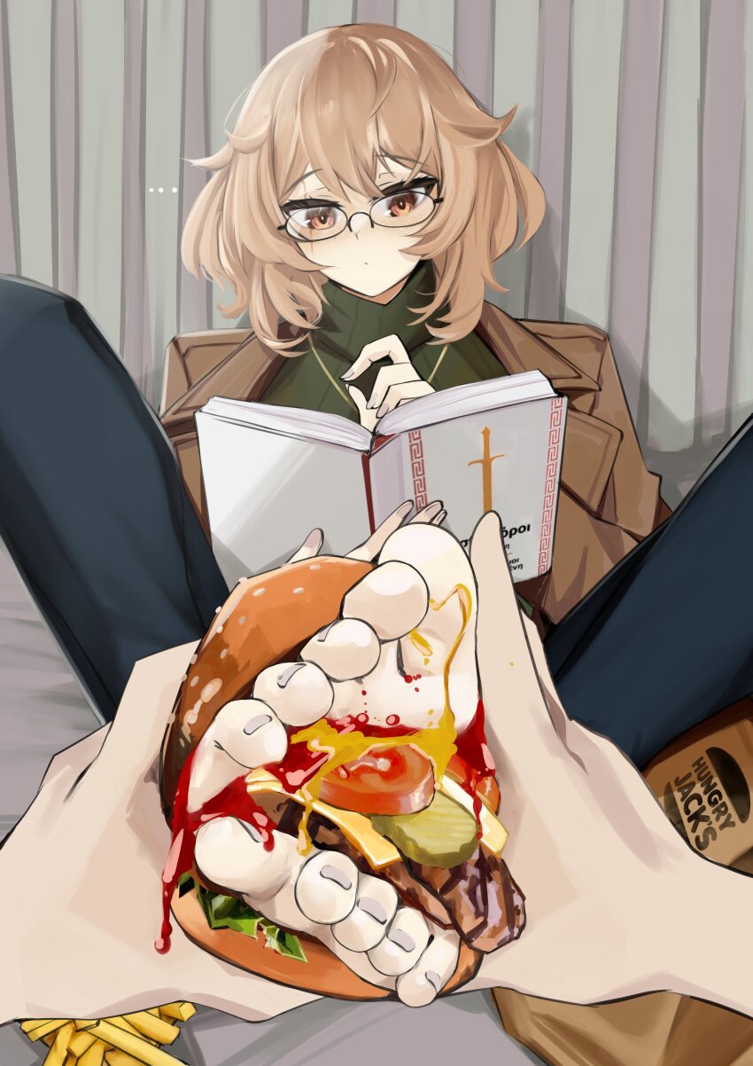1girl 1other absurdres barefoot blonde_hair blush book brown_eyes brown_jacket burger clio_aite closed_mouth commentary english_commentary eyelashes feet feet_burger_(meme) feet_in_food food foot_burger foot_focus foreshortening french_fries full_body glasses green_sweater grey_nails highres holding holding_book indie_virtual_youtuber jacket jewelry knees_apart_feet_together knees_up looking_down medium_hair meme nail_polish necklace out_of_frame pov pupi_(rain_prophet) ribbed_sweater round_eyewear scar scar_across_eye scar_on_face shadow sitting sweater toenail_polish toenails toes turtleneck virtual_youtuber