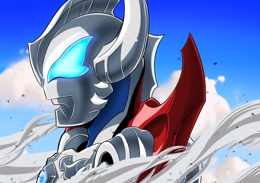 1boy alien armor blue_eyes blue_sky cloud cloudy_sky commentary_request day highres male_focus no_pupils outdoors partial_commentary sky smoke solo takezuchi tokusatsu ultra_series ultraman_geed ultraman_geed_(series)