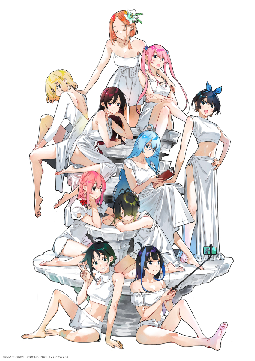 6+girls absurdres barefoot bikini black_hair dress everyone full_body highres kanojo_okarishimasu midriff miyajima_reiji mizuhara_chizuru multicolored_hair multiple_girls nanami_mami official_art pink_hair sakurasawa_sumi sarashina_ruka selfie_stick shiunji-ke_no_kodomotachi shiunji_banri shiunji_kotono shiunji_minami shiunji_ouka shiunji_seiha short_hair simple_background streaked_hair swimsuit white_background white_dress yaemori_mini