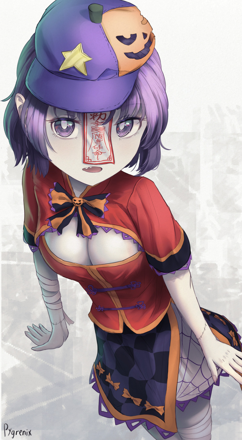 1girl absurdres adapted_costume baseball_cap black_bow black_bowtie black_skirt bow bowtie breasts checkered_clothes checkered_skirt chinese_clothes cleavage cleavage_cutout clothing_cutout colored_skin commentary_request cowboy_shot expressionless grey_background grey_skin halloween hat hat_ornament highres jack-o&#039;-lantern_brooch jiangshi lace-trimmed_sleeves lace_trim large_breasts leaning_forward looking_at_viewer miyako_yoshika ofuda open_mouth orange_bow orange_bowtie print_skirt purple_eyes purple_hat purple_skirt pygrenix short_hair short_sleeves skirt solo spider_web_print star_(symbol) star_hat_ornament stitches tangzhuang touhou