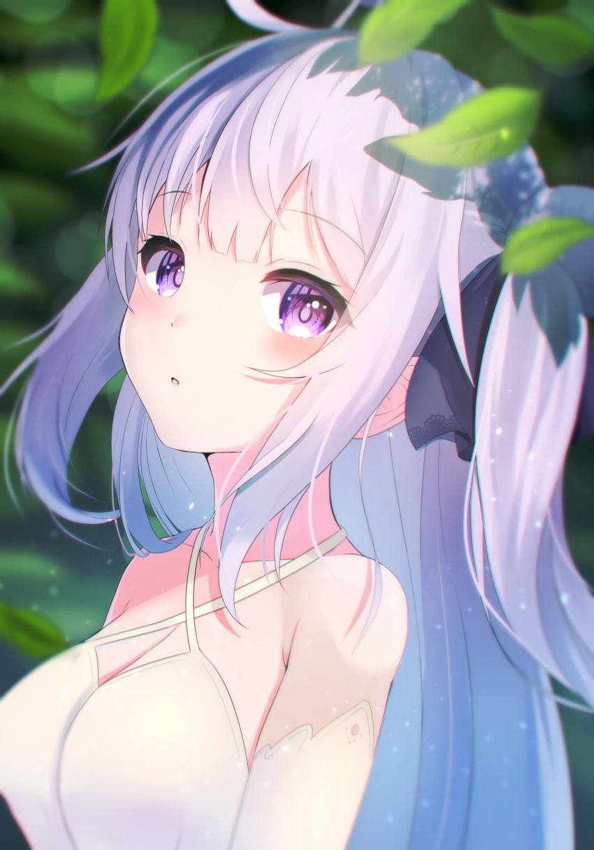1girl azur_lane black_ribbon bottomless breasts cleavage collarbone criss-cross_halter detached_sleeves dress grey_hair hair_ribbon halter_dress halterneck highres leaf long_hair medium_breasts purple_eyes ribbon solo tako-san_wiener_(takosanuma) unicorn_(azur_lane) upper_body white_dress white_sleeves