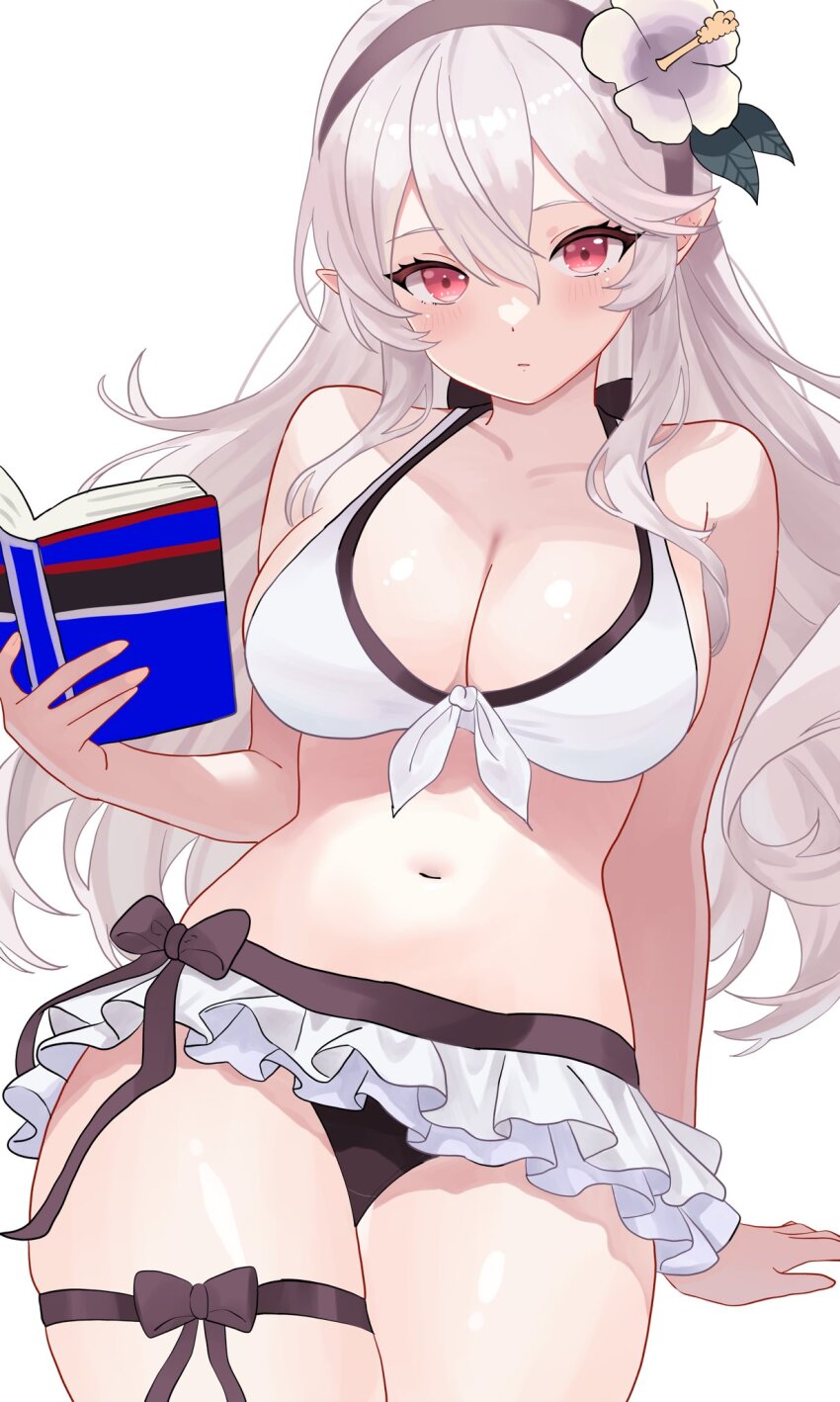 1girl bikini bikini_skirt black_bow black_hairband blush book bow breasts cleavage closed_mouth female_corrin_(fire_emblem) female_corrin_(novice_vacationer)_(fire_emblem) fire_emblem fire_emblem_fates fire_emblem_heroes flower grey_hair hair_between_eyes hair_flower hair_ornament hairband highres holding holding_book jewelry large_breasts long_hair looking_at_viewer n_54 navel nintendo official_alternate_costume pointy_ears red_eyes simple_background solo swimsuit thighlet white_background white_bikini white_hair