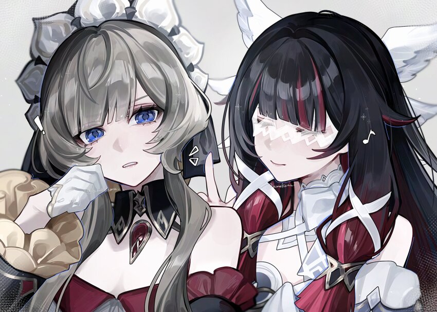 2girls amekamu angel_wings bare_shoulders black_hair black_sleeves blue_eyes choker closed_eyes closed_mouth columbina_(genshin_impact) detached_collar detached_sleeves eye_mask feathered_wings gem genshin_impact gloves gradient_hair grey_background grey_hair hair_ornament hand_on_own_face hand_up head_wings highres hime_cut index_finger_raised jewelry long_sleeves looking_at_viewer mask multicolored_hair multiple_girls multiple_wings musical_note pendant pink_hair red_gemstone sandrone_(genshin_impact) short_hair_with_long_locks sidelocks simple_background smile teeth two-tone_hair upper_body white_choker white_gloves white_headdress white_mask wide_sleeves wing_collar wings