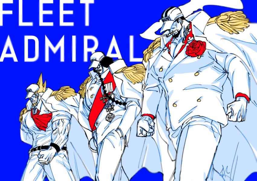 3boys bara blue_background clenched_hands coat feet_out_of_frame gloves hat_over_eyes huge_pectorals kong_(one_piece) large_hands large_pectorals male_focus multiple_boys multiple_monochrome muscular muscular_male old old_man one_piece pectoral_cleavage pectorals re_kitchen sakazuki_(akainu) sengoku_(one_piece) short_hair thick_eyebrows veins veiny_arms walking