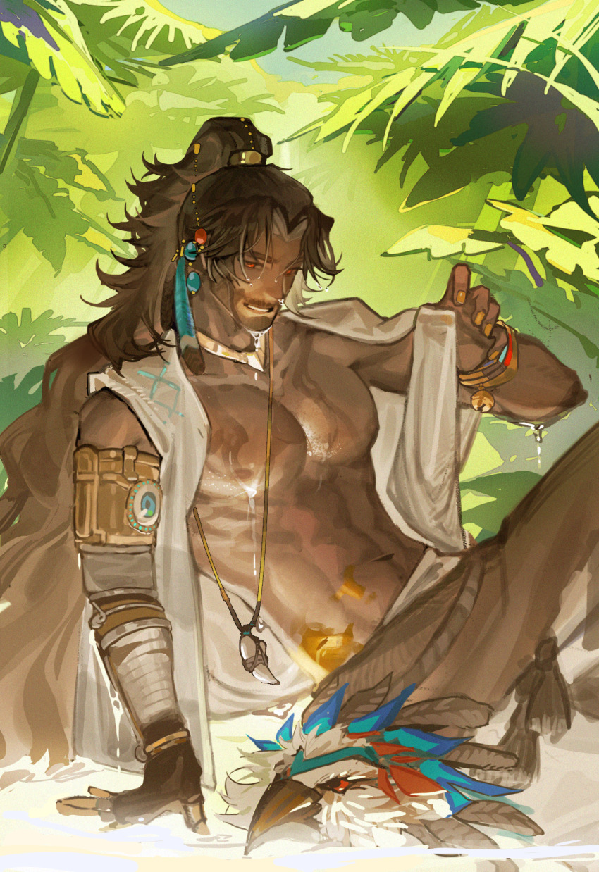1boy abs akarinchan arm_support beard_stubble bird_mask brown_hair brown_pants cowboy_shot dark-skinned_male dark_skin facial_hair forest grin hand_up highres jewelry long_hair looking_down male_focus mask mature_male mechanical_arms muscular muscular_male nature navel necklace official_alternate_costume open_clothes open_vest pants pectorals plant ponytail prosthesis prosthetic_arm red_eyes reverse:1999 shamane single_mechanical_arm sitting smile solo stubble tooth_necklace unworn_mask very_long_hair vest white_vest