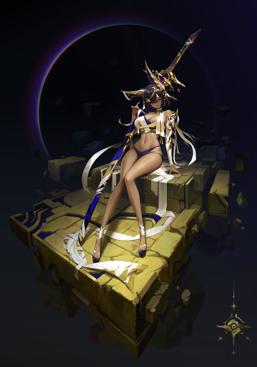 1girl absurdres ancient_egyptian ancient_egyptian_clothes animal_ears arm_support bare_shoulders bikini black_background black_hair blue_bikini blue_nails breasts choker cleavage closed_mouth crop_top dark-skinned_female dark_skin earrings eye_of_horus full_body gold_trim gonduming hair_between_eyes hair_ornament high_heels highres holding jewelry knees_together_feet_apart large_breasts long_hair looking_at_viewer nail_polish navel original polearm sitting solo stomach swimsuit sword thighs very_long_hair weapon yellow_eyes