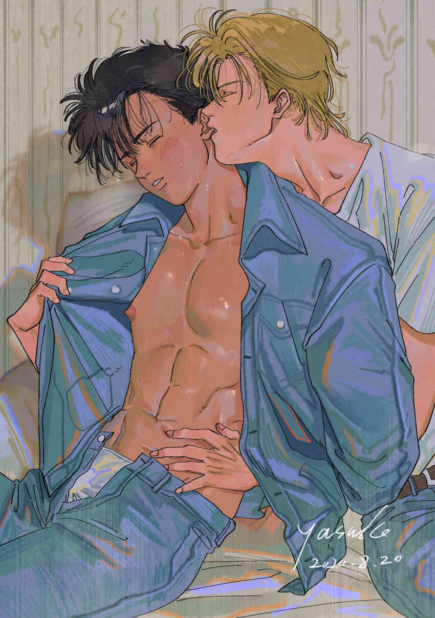 2020 2boys abs absurdres ash_lynx banana_fish bed_sheet belt bishounen biting biting_ear black_hair blonde_hair couple dark-skinned_male dark_skin dated denim denim_shirt grey_shirt hand_on_another&#039;s_stomach highres interracial jeans koyasuyasuko12 light_blush male_focus multiple_boys muscular muscular_male nipples okumura_eiji open_clothes open_fly open_shirt opening_another&#039;s_clothes pants shirt signature sitting t-shirt unbuttoned undressing_another wooden_wall yaoi