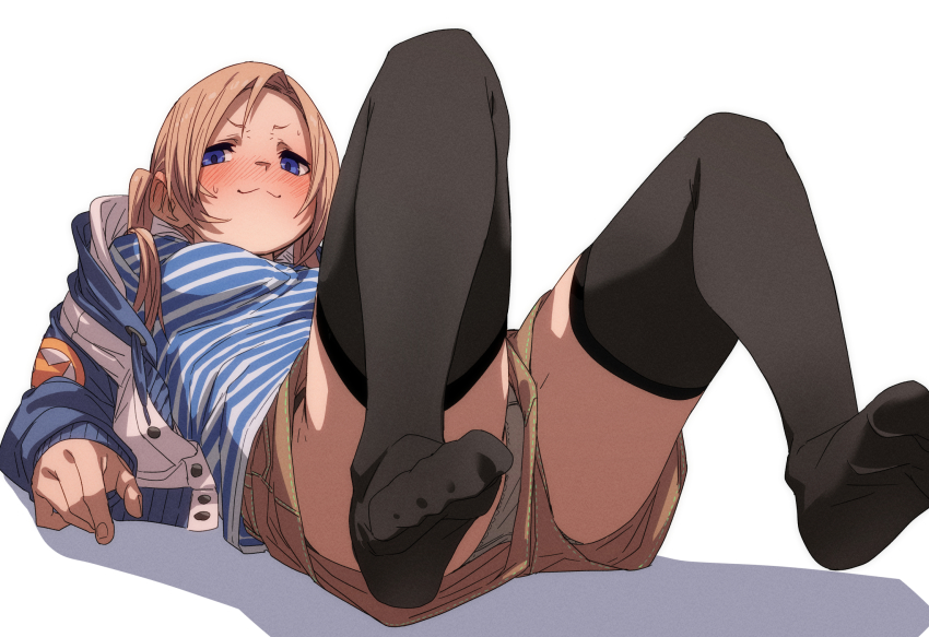 1girl :3 arm_support beige_shorts black_thighhighs blonde_hair blue_eyes blue_jacket blue_shirt blush breasts closed_mouth drawstring ear_blush embarrassed feet film_grain from_below from_side fu-ta full-face_blush full_body furrowed_brow groin highres jacket knees_up long_hair long_sleeves looking_at_viewer looking_down low_twintails m_legs medium_breasts narrowed_eyes no_shoes off_shoulder open_clothes open_jacket original panties panties_under_shorts pantyshot parted_bangs perspective shadow shirt short_eyebrows shorts simple_background sleeves_past_wrists soles solo split_mouth spread_legs star_(symbol) star_print striped_clothes striped_shirt sweat thighhighs thighs toe_scrunch twintails underwear upshorts white_background white_panties