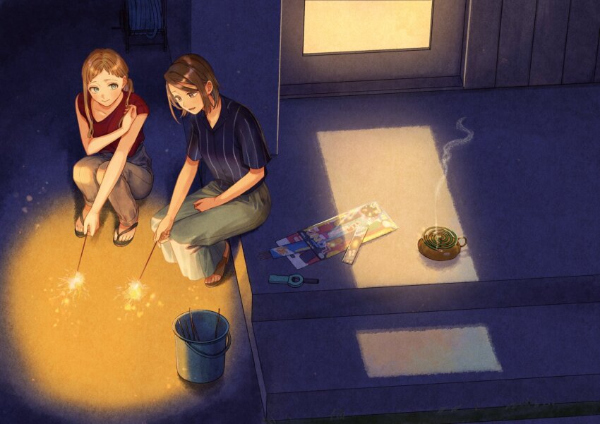 bucket cover fireworks looking_at_another maitsuki_niwa-tsuki_ooya-tsuki mosquito_coil official_art pants senkou_hanabi shirt sitting smile sparkler squatting striped_clothes striped_shirt veranda yodokawa_(yukko)