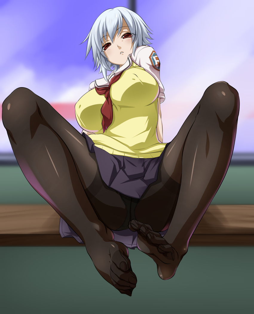 1girl absurdres ben-tou breasts covered_erect_nipples feet grey_hair highres light_blush looking_at_viewer medium_hair panties panties_under_pantyhose pantyhose pantyshot parted_lips red_eyes school_uniform serafuku soles toes toron_(mino106) underwear yarizui_sen