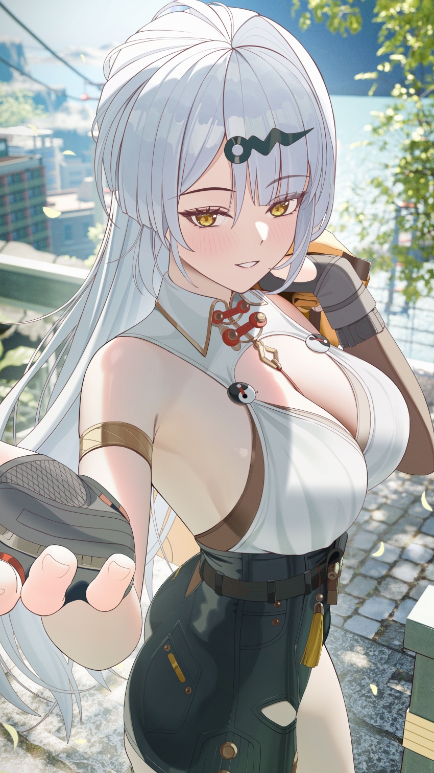 1girl absurdres armlet asymmetrical_gloves bare_shoulders black_gloves black_shorts blue_sky breasts cleavage collar commentary cowboy_shot day elbow_gloves fingerless_gloves gloves high-waist_shorts highres holding holding_jacket holding_unworn_clothes jacket jewelry jumonji large_breasts light_blush long_hair looking_at_viewer mole mole_on_breast offering_hand outdoors paid_reward_available parted_lips shirt shorts single_elbow_glove single_hair_intake sky smile solo thighs uneven_gloves unworn_jacket very_long_hair white_collar white_hair white_shirt yellow_eyes yellow_jacket yixuan_(zenless_zone_zero) zenless_zone_zero