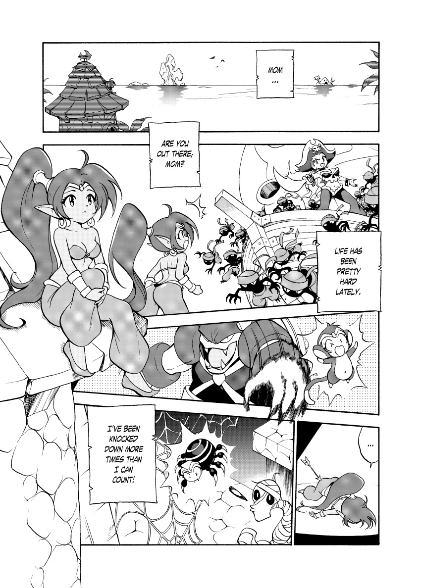 2girls 6+boys absurdres arabian_clothes arrow_(projectile) ass bandana bare_shoulders big_hair breasts bug cleavage collarbone dark-skinned_female dark_skin earrings genie greyscale harem_pants hat highres hoop_earrings jewelry long_hair monkey monochrome multiple_boys multiple_girls o-ring o-ring_top ocean on_roof pants pirate pirate_hat pointy_ears pointy_shoes ponytail risky_boots seb shantae shantae_(series) ship shoes silk sitting sitting_on_roof skull_and_crossbones spider spider_web tiara tinkerbat traditional_media very_long_hair watercraft