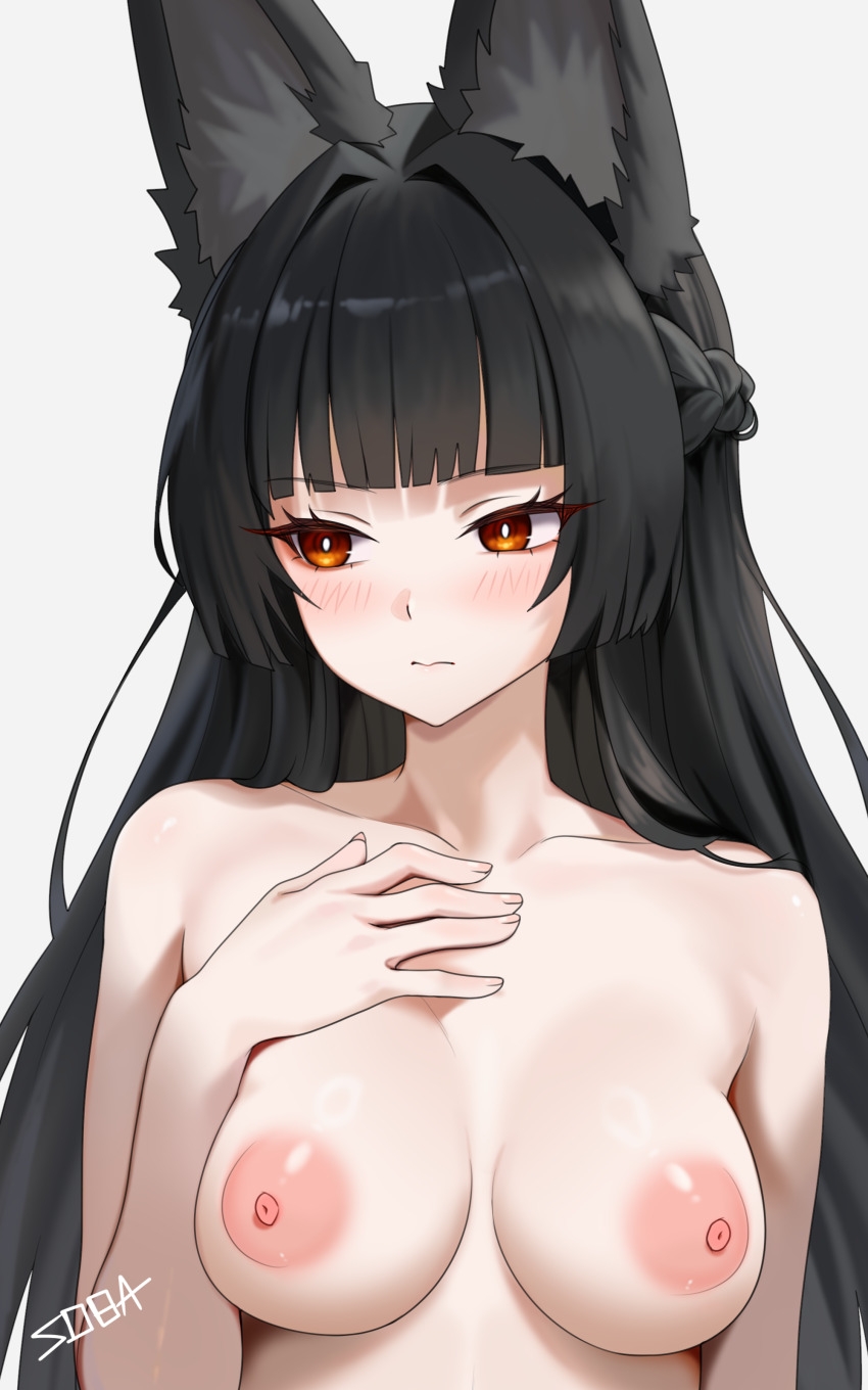 absurdres animal_ears black_hair blush breasts bright_pupils english_text fox_ears fox_girl hand_on_own_chest highres hoshimi_miyabi long_hair looking_to_the_side medium_breasts nipples signature simple_background soba11 white_background white_pupils zenless_zone_zero