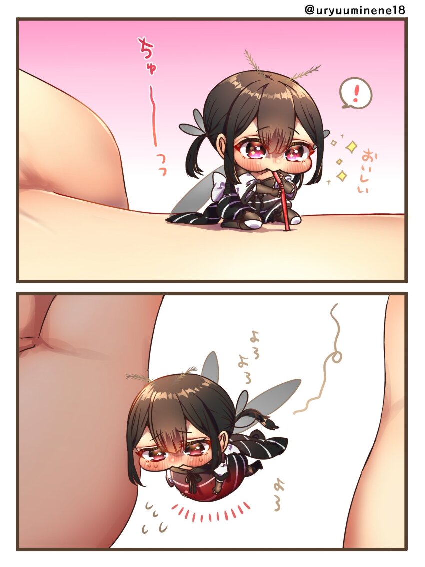 ! 1girl 1other 2koma arthropod_girl big_belly black_dress black_hair blood blush bug chibi comic commentary_request dress drinking_blood drinking_straw flying_sweatdrops harumina_mau highres insect mini_person minigirl mosquito mosquito_girl notice_lines original personification pink_eyes size_difference sparkle speech_bubble spoken_exclamation_mark translation_request twintails twitter_username wings