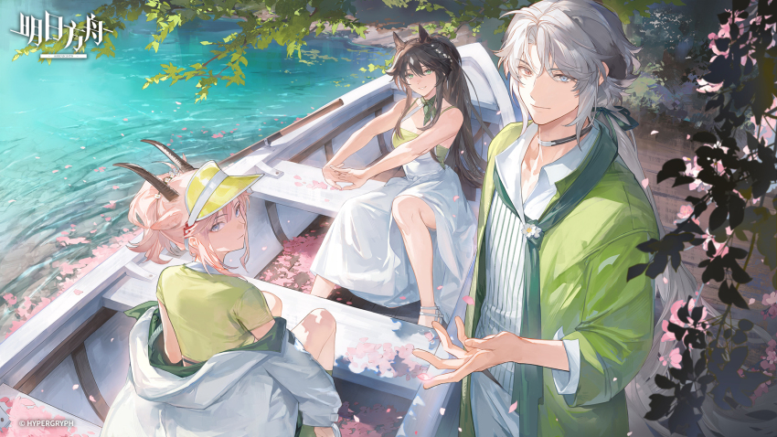 1boy 2girls alternate_costume animal_ears arknights blue_eyes boat bobbing_(arknights) brown_hair dress earthspirit_(arknights) goat_ears goat_girl goat_horns green_eyes green_jacket green_shirt heterochromia highres horns horse_ears horse_girl hug_(yourhug) jacket logo long_hair looking_at_viewer low-tied_long_hair meteor_(arknights) multiple_girls off_shoulder outdoors parted_lips petals pink_hair pink_petals ponytail red_eyes shirt sitting sleeveless sleeveless_dress striped_clothes striped_shirt tree visor_cap watercraft white_dress white_hair white_jacket white_shirt