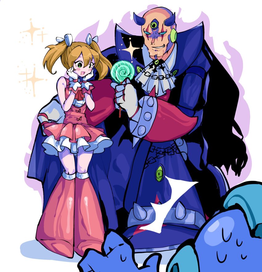 1girl 2boys :d ^^^ alternate_costume armored_boots bare_shoulders blonde_hair boots candy character_request commentary_request dress facial_mark food gloves green_eyes halloween_roll halloween_sigma happy highres holding holding_candy holding_food holding_lollipop holding_wand horns in-franchise_crossover koshianpancake lollipop long_hair magical_girl mechanical_boots mega_man_(character) mega_man_(classic) mega_man_(series) mega_man_x_(series) mega_man_x_dive miniskirt multiple_boys official_alternate_costume open_mouth pink_dress pink_ribbon ribbon roll_(mega_man) sidelocks sigma_(mega_man) skirt smile sparkle twintails wand white_gloves white_ribbon