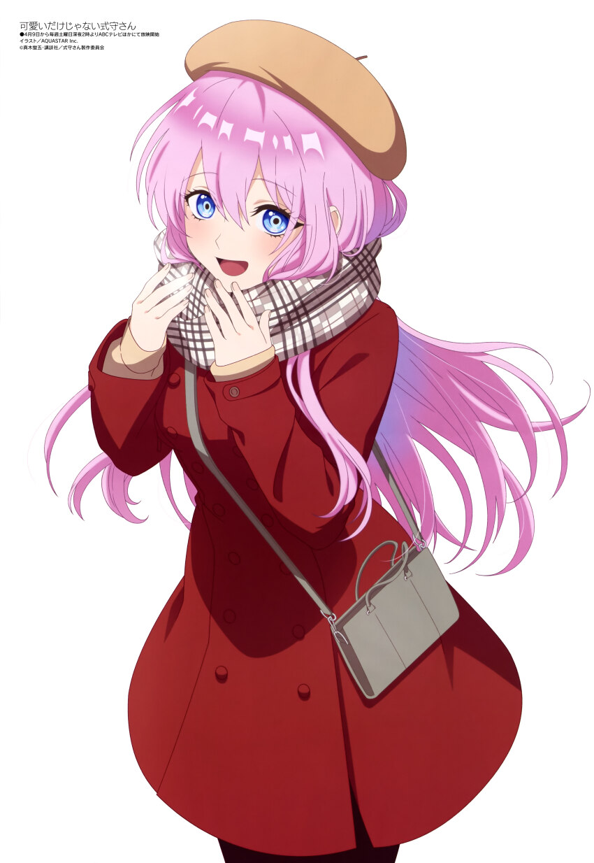 1girl absurdres aquastar_inc. bag beret blue_eyes brown_hat brown_scarf coat cowboy_shot enpera hat highres kawaii_dake_ja_nai_shikimori-san long_hair looking_at_viewer magazine_scan megami_magazine official_art pantyhose pink_hair plaid_clothes plaid_scarf red_coat scan scarf shikimori_miyako shoulder_bag solo steam_from_mouth white_background winter_clothes winter_coat