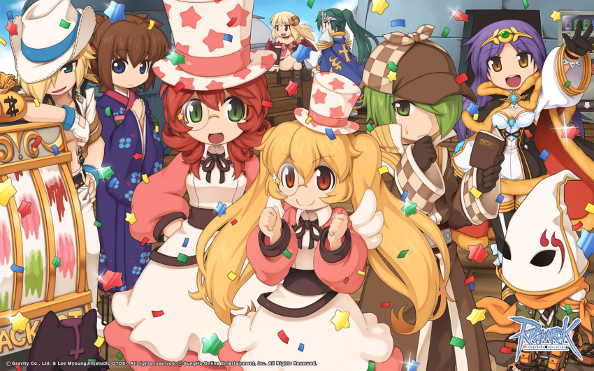 4boys 5girls :d aital_ream armor atail_ream black_cape black_dress black_gloves black_thighhighs blonde_hair blue_cape blue_eyes book breasts brother_and_sister brown_coat brown_gloves brown_hair brown_hat brown_horns brown_ribbon cape closed_mouth coat collared_dress confetti copyright_notice cosplay cowboy_hat cowboy_shot creature curled_horns deerstalker demon_girl demon_wings deviruchi dress fingerless_gloves fur-trimmed_cape fur-trimmed_dress fur_trim glint gloves green_eyes green_hair guy_rockstar hair_between_eyes hat high_ponytail highres holding holding_book horns japanese_clothes kimono logo long_bangs long_hair long_sleeves looking_at_viewer medium_breasts money_bag monocle multiple_boys multiple_girls natsumi_(ragnarok_online) neck_ribbon official_alternate_costume official_art official_wallpaper open_mouth orange_hair orange_scarf pants pauldrons phantom_thief_anniversary phantom_thief_anniversary_(cosplay) ponytail print_hat purple_hair purple_kimono ragnarok_online ranger_(ragnarok_online) red_cape red_hair red_wings ribbon rimless_eyewear round_teeth royal_guard_(ragnarok_online) scarf short_dress short_hair shoulder_armor siblings slot_machine smile star_(symbol) star_print succubus_(ragnarok_online) teeth thighhighs top_hat twintails two-sided_cape two-sided_fabric two-tone_dress upper_teeth_only warlock_(ragnarok_online) white_dress white_gloves white_hat white_hood white_pants wings yellow_eyes yuichirou