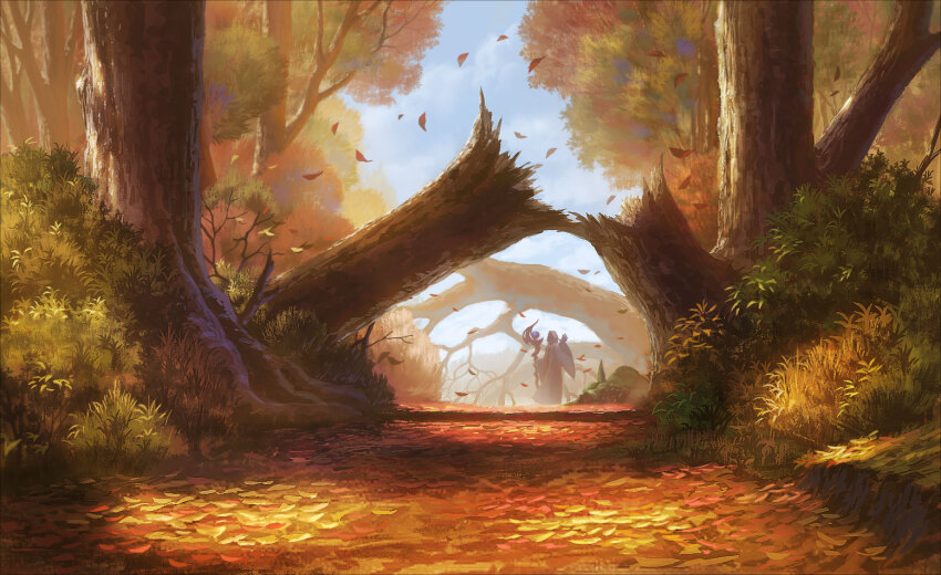 1other ambiguous_gender autumn autumn_leaves bush day dragon falling_leaves fantasy forest grass knight leaf nature original outdoors path road scenery sky solo tree weapon yamakou_(yamakou_e2)