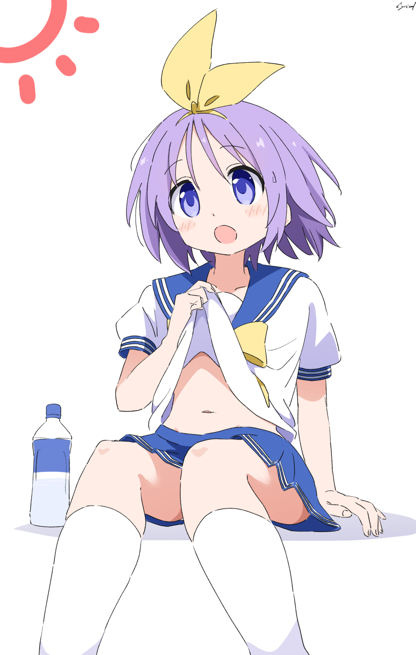 1girl :o absurdres arm_support blue_sailor_collar blue_skirt blush bottle bow bow_hairband clothes_lift commentary_request cynical_(llcbluckg_c004) dot_nose hairband hand_up highres hiiragi_tsukasa invisible_chair kneehighs lifting_own_clothes lucky_star miniskirt navel open_mouth pleated_skirt purple_eyes purple_hair ryouou_school_uniform sailor_collar school_uniform serafuku shirt shirt_lift short_hair short_sleeves signature simple_background sitting skirt socks solo stomach sun_symbol water_bottle white_background white_shirt white_socks yellow_bow yellow_hairband