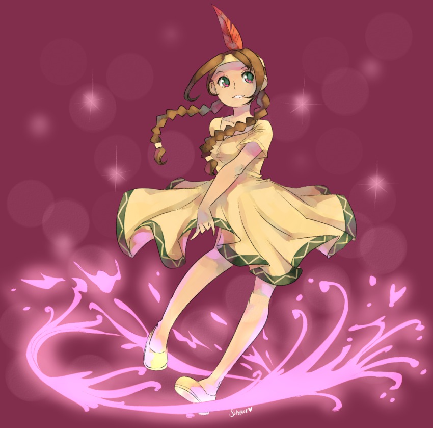 1girl bad_id bad_pixiv_id banjo-kazooie banjo-tooie braid brown_dress brown_hair dress feathers female_focus full_body humba_wumba_(banjo-kazooie) long_hair native_american red_background shoes short_sleeves signature solo twin_braids venusianpeach