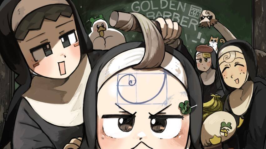 4girls banana beret bird black_hair blonde_hair broccoli_hair_ornament brown_eyes brown_hair cat chalkboard chicken commentary diva_(hyxpk) duck english_commentary food freckles frog_headband froggy_nun_(diva) fruit golden_spiral grey_hair hat highres little_nuns_(diva) multiple_girls nun ostrich red_hat sheep_nun_(diva) spicy_nun_(diva) square_nun_(diva) traditional_nun yellow_eyes