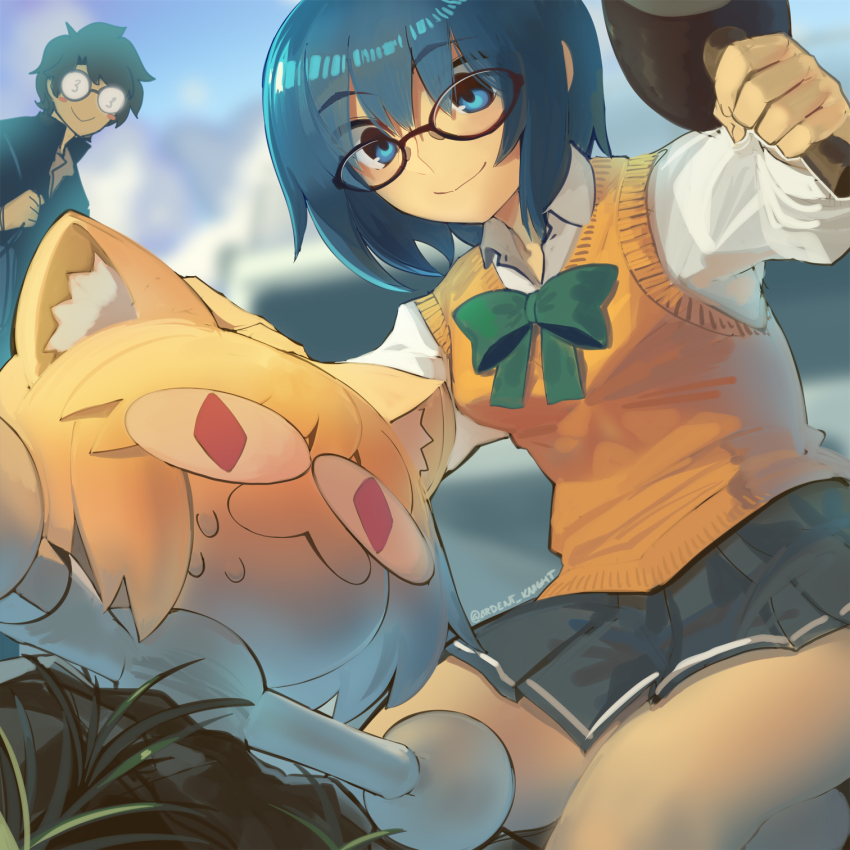 &lt;|&gt;_&lt;|&gt; 1boy 2girls 3_3 animal_ears black-framed_eyewear blonde_hair blue_eyes blue_hair blush_stickers boa_(brianoa) bob_cut bow bowtie cat_ears ciel_(tsukihime) closed_mouth collared_shirt glasses green_bow green_bowtie hair_between_eyes highres holding holding_mallet kneeling long_sleeves mallet medium_hair miniskirt multiple_girls neco-arc on_ground opaque_glasses pleated_skirt school_uniform seiza shirt sitting skirt smile sweater_vest tohno_shiki tsukihime tsukihime_(remake) twitter_username vest white_shirt wing_collar yellow_sweater_vest yellow_vest