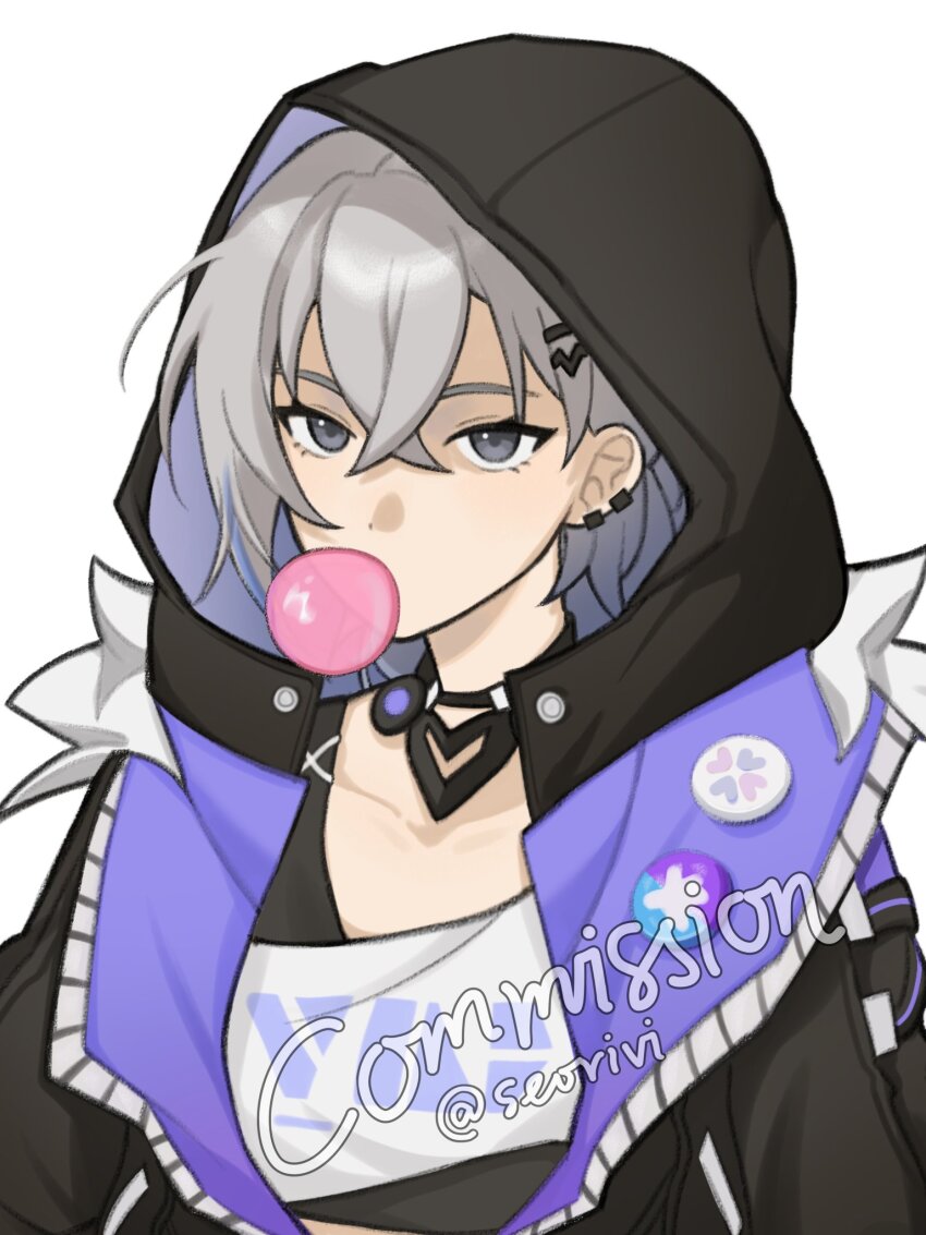 1girl black_choker black_jacket blowing_bubbles choker commission grey_eyes grey_hair hair_ornament hairclip highres honkai:_star_rail honkai_(series) hood hooded_jacket jacket shirt silver_wolf_(honkai:_star_rail) solo upper_body vi_(seorivi) watermark white_shirt