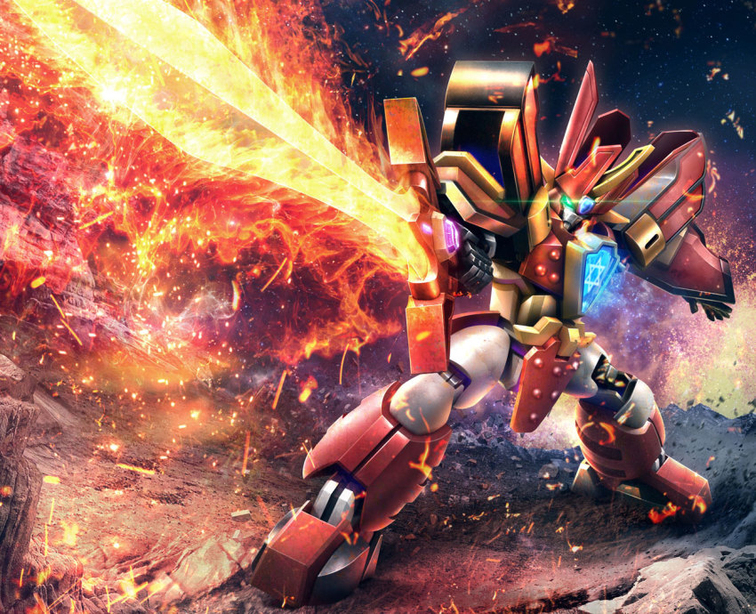 fire flaming_sword flaming_weapon glowing glowing_eye granzort green_eyes hiropon_(tasogare_no_puu) holding holding_sword holding_weapon looking_to_the_side madou_king_granzort mecha open_hand robot standing sword weapon