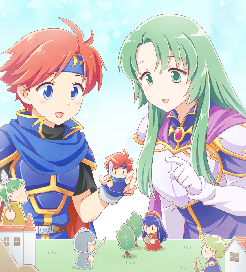 1boy 1girl armor blue_armor blue_eyes blue_headband bors_(fire_emblem) cecilia_(fire_emblem) doll figure fire_emblem fire_emblem:_the_binding_blade green_eyes green_hair ham_pon headband highres holding lilina_(fire_emblem) long_hair nintendo orange_hair pointing roy_(fire_emblem) tree wolt_(fire_emblem)