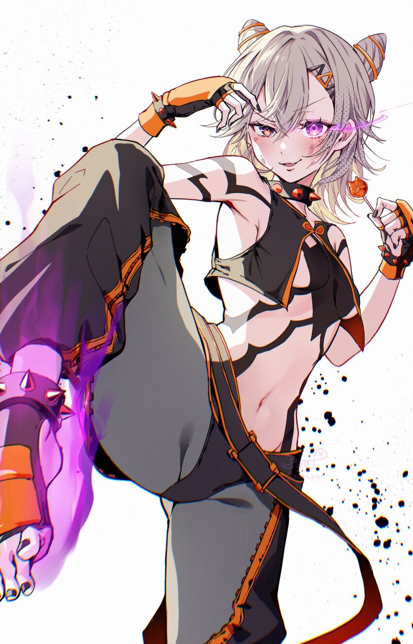 1girl absurdres alternate_color black_nails black_pants blonde_hair candy collar commentary cosplay facial_mark fang fingerless_gloves food gloves hair_horns hair_ornament hairclip han_juri han_juri_(cosplay) highres holding holding_candy holding_food holding_lollipop komori_met lollipop looking_at_viewer navel open_mouth orange_eyes pants piyoyanagi solo spiked_collar spikes standing standing_on_one_leg street_fighter virtual_youtuber vspo! white_background