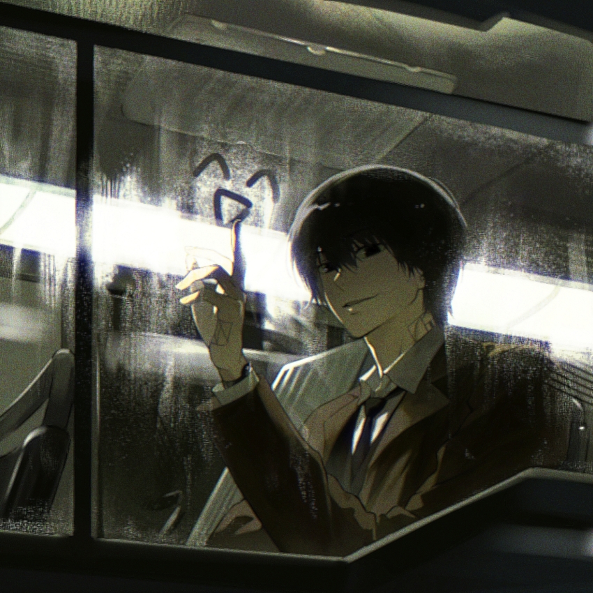 1boy 5a1_uei black_eyes black_hair black_necktie brown_jacket bus_interior drawing_(action) fogged_glasses hair_between_eyes hand_tattoo highres indoors jacket looking_at_viewer male_focus nagumo_(sakamoto_days) neck_tattoo necktie open_mouth parted_lips sakamoto_days shirt short_hair sitting solo tattoo upper_body watch white_shirt window wristwatch