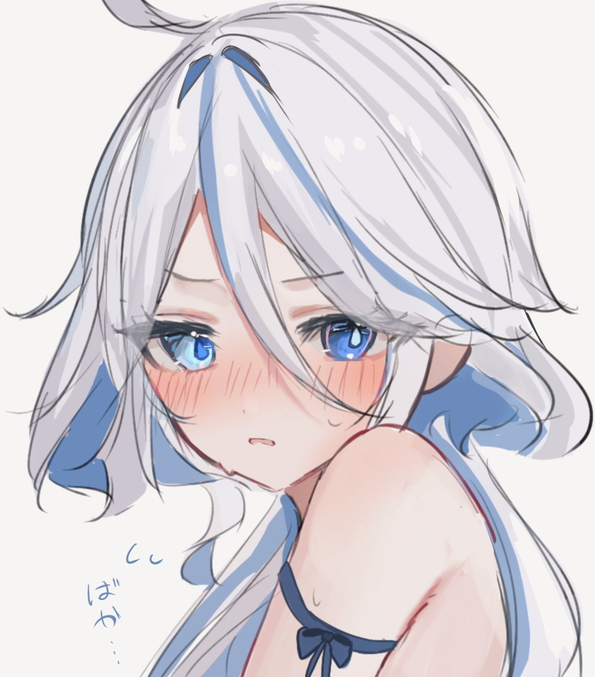 1girl ahoge arm_ribbon bare_shoulders blue_eyes blue_hair blue_ribbon blush flustered flying_sweatdrops furina_(genshin_impact) genshin_impact hair_between_eyes heterochromia highres karua0621 long_hair multicolored_hair parted_lips ribbon simple_background solo streaked_hair sweatdrop translation_request white_background wolf_cut